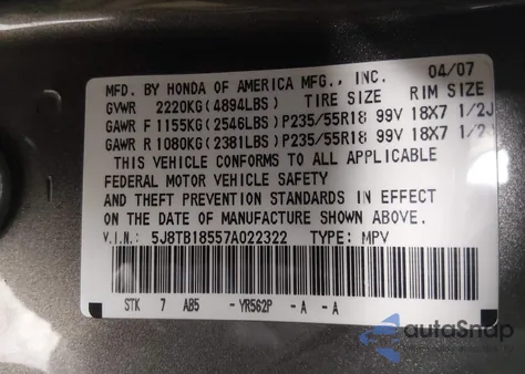 2007 Acura Rdx from USA, damaged, VIN 5J8TB18557A022322